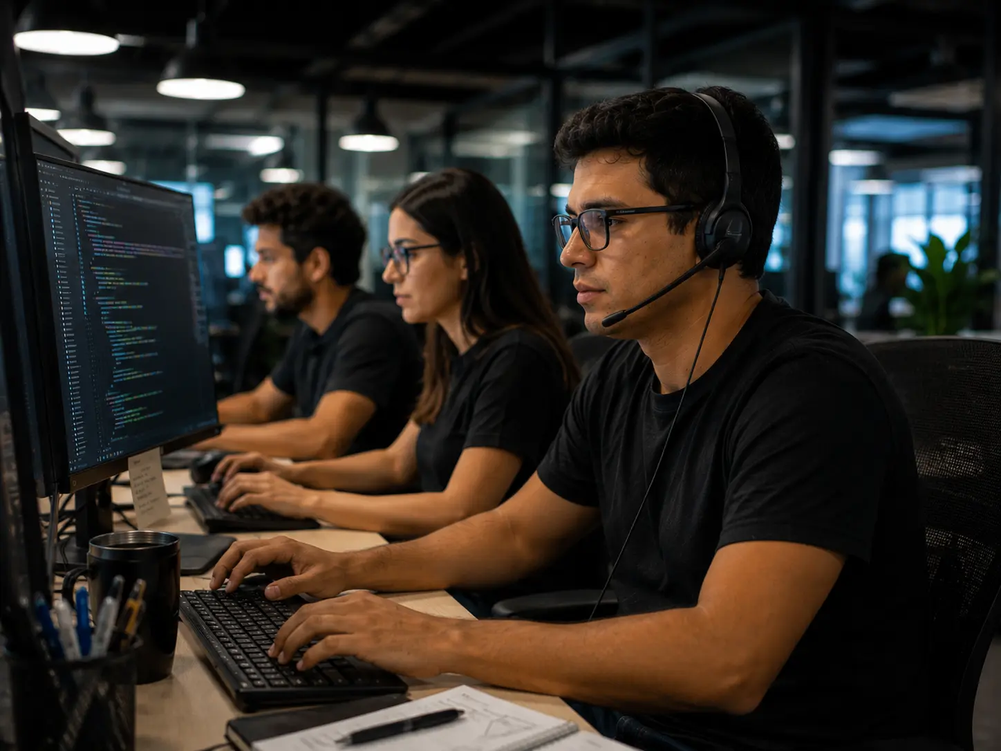 Equipe de suporte da F5 atendendo clientes por telefone e computador